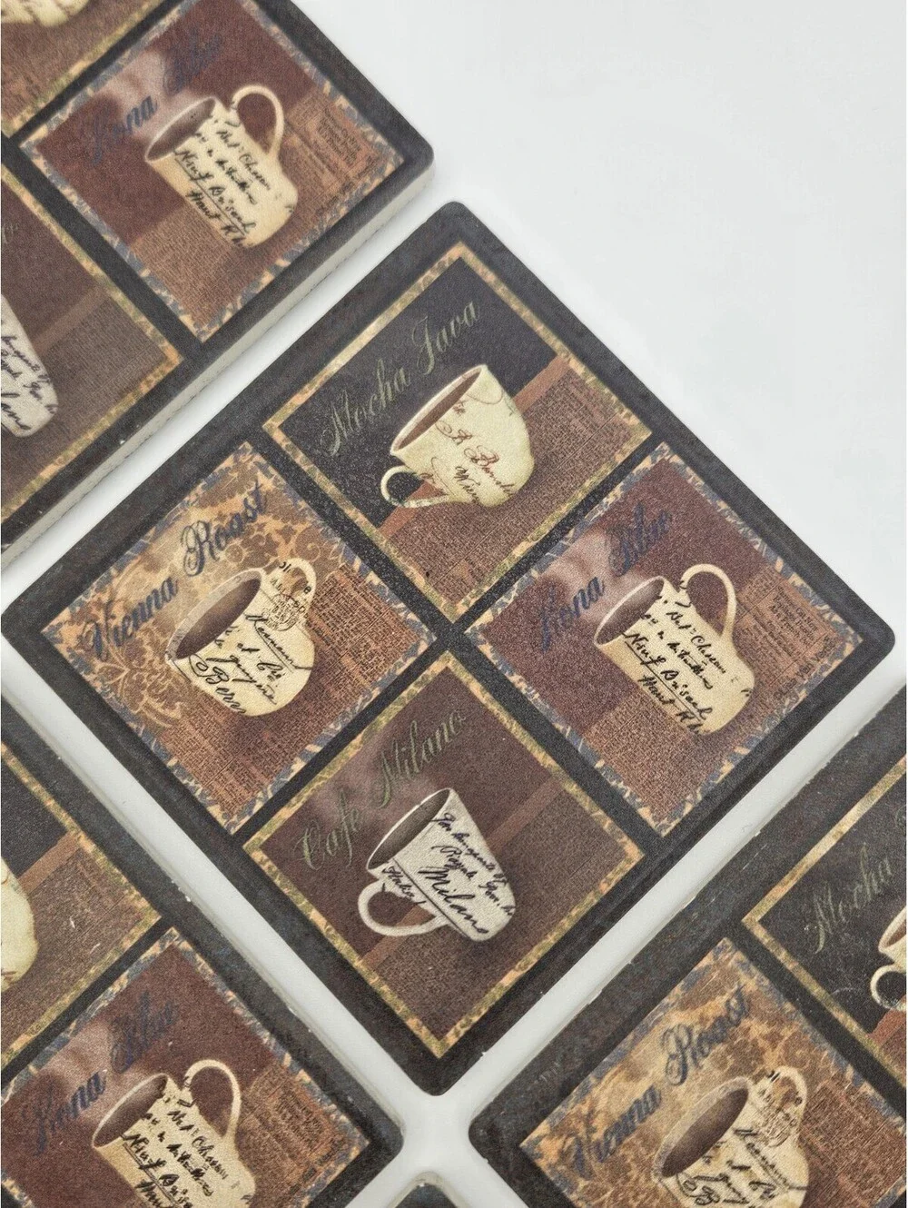 Set of 6 Square Ceramic & Cork Non-Slip Coasters, Coffee & Tea Pattern
